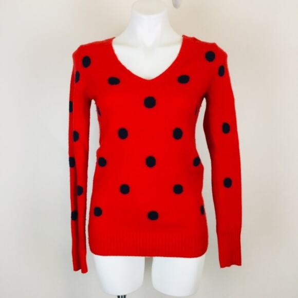 Gap V-neck Red Sweater Navy Blue Polka Dots Wool Blend Size XS - Picture 2 of 6